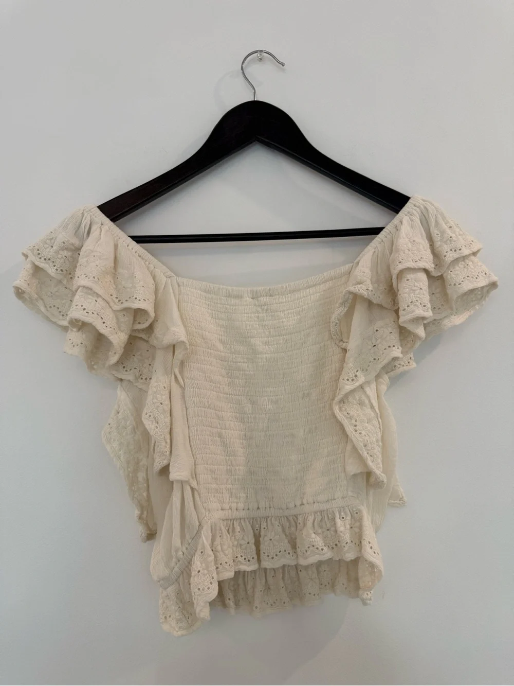 Crochet Cream Ruffled Off-Shoulder top - Picture 2 of 5